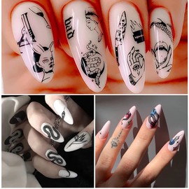 Snake Nail Art Stickers Decals Black Skull Gothic Nail Decals Designer Nail Art Supplies 3D Goth Punk Horror Nail Stickers Designer Nail Accessories Charms Nail Designs for Acrylic Nails (8 Pcs)