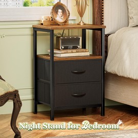Huuger Night Stand Set of 2, Nightstand with 2 Drawers, Bed Side Table with Open Shelf, Wooden Top, End Table, Fabric Drawer, for Bedroom, Rustic Brown and Black