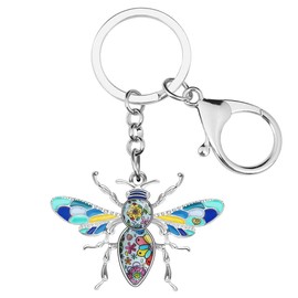 Llavero de aleación esmaltada con diseño de abeja de miel, joyería de moda, para regalo para mujeres y niñas, Azul / Patchwork, 36mm x 56mm