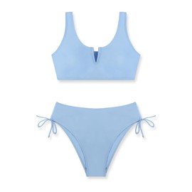 Glaoly Girls Swimsuit 2 Piece V-Neck Cutout Girls' Swimwear Top High Waisted Bottom Girls Bathing Suits Size 9-10 Light Blue