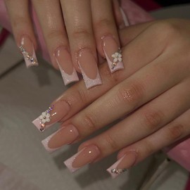 Press On Nails, Summer Spring Beauty Flower Fake Nails, Cute Stick on nails, Short Square Almond Ballet Shape Glue on Nails on 24PCs (Pink French Flower)