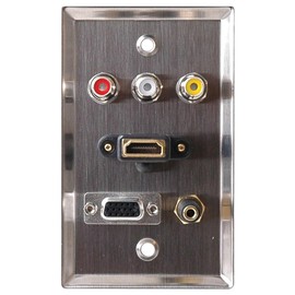 Philmore Stainless Steel Wall Plate Pass Through for HDMI, VGA, 3 RCA and 3.5mm Stereo Jack AUX Cable - Speaker Audio Video Single Gang Box Outlet