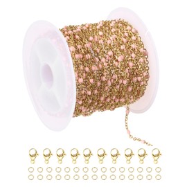 sourcing map Stainless Steel Bead Chain, 16.4 Feet/5M Enamel Beaded Jewelry Link Cable Chains Spool Kit for Jewelry Making, Necklace, Bracelets, DIY Crafts (Gold/Pink, Pack of 1)