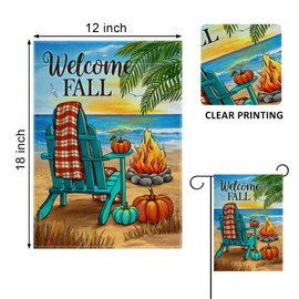 Covido Welcome Fall Beach Pumpkin Decorative Garden Flag, Autumn Sea Ocean Chair Bonfire Coastal Yard Outside Decorations, Buffalo Plaid Check Nautical Outdoor Small Home Decor Double Sided 12 x 18