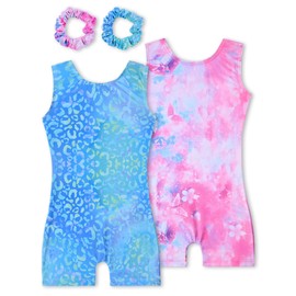 Tstiti Gymnastics Leotards for Girls 2 Pack Sparkly Kids Biketards Dance Unitards Matching Hair Scrunchies