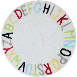 FRELISH DECOR Cotton Round Kids Play Mat - 4 Feet Dia | Machine Washable Non Slip Bath Rug/Floor Mat for Nursery/Kids Bathroom | 100% Pure Cotton Tufted Alphabet Mat for Kids (4' Round- White)