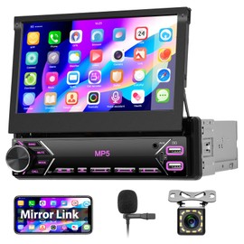 Motorsi 7 Inch Single Din Car Stereo Radio 1080P HD Touch Screen Handsfree FM Audio Receiver with Mirror Link Backup Camera Steering Wheel Control USB T/AUX MIC