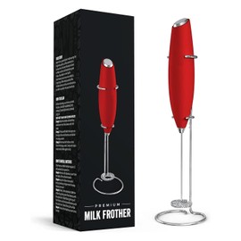 Nikah's Housepie Powerful Handheld Milk Frother, Mini Milk Frother Wand, Battery Operated Stainless Steel Milk Frother Stand for Milk Coffee, Lattes, Cappuccino, Frappe, Matcha, Hot Chocolate (RED)