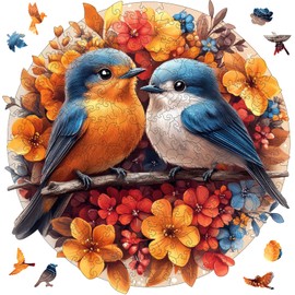 Mys Aurora Wooden Puzzles for Adults, Robin Bird Couple Jigsaw Puzzles 200 Pieces, 11 x 11.2 Inch, Medium, Unique Shaped Round Blue Birds Puzzles for Adults and Kids, Family Game