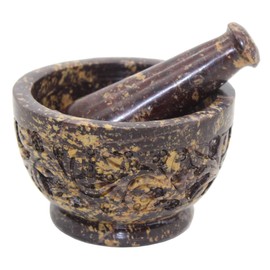 Crystalo - Stone Mortal & Pestle Vines Carved MP-SBR-535, 4 Inch Diameter