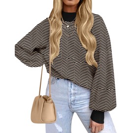 ZESICA Women's 2024 Fall Fashion Turtleneck Long Sleeve Striped Ribbed Knit Loose Pullover Sweater Tops,BrownStripe,Small