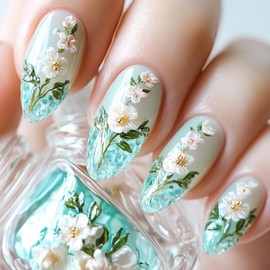 TBRZTR Flower Press on Nails Medium Almond Shaped Green Floral Pattern Design Full Cover Glossy Artificial Fingernails Reusable Acrylic False Nail DIY Artificial Stick on Nails for Women 24Pcs