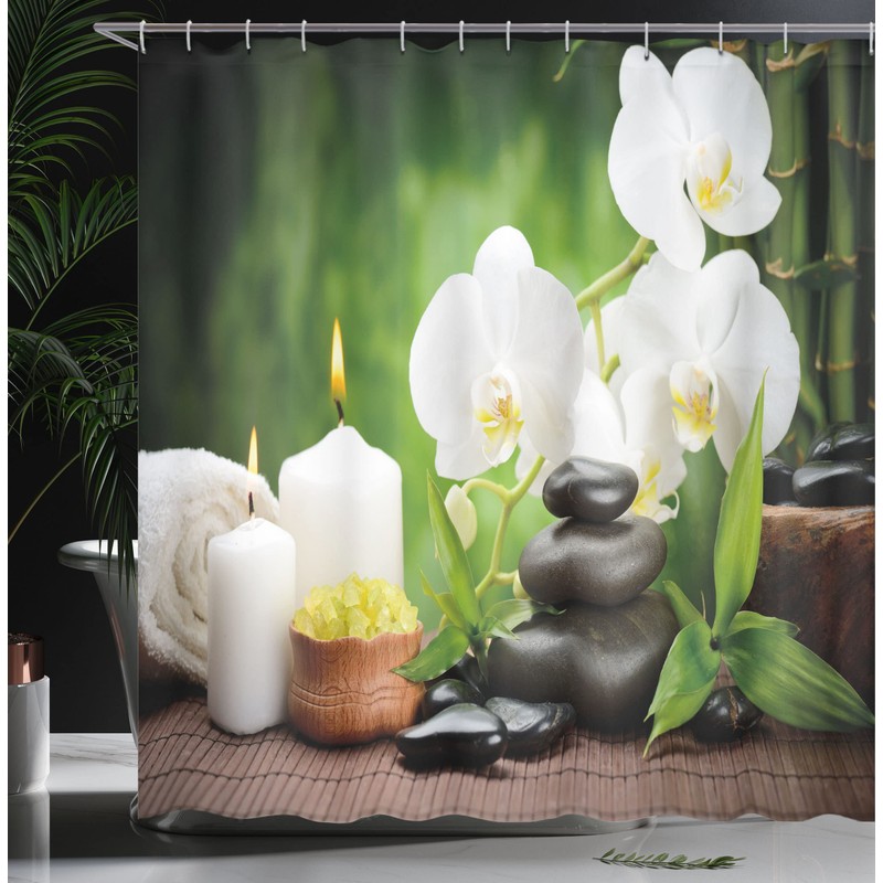 ABAKUHAUS Spa Shower Curtain Stones and Orchids Fabric Fabric Bathroom