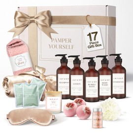 INFUSÉ 17-Piece Luxury Gift Set with Robe | Complete White Tea & Coconut Bath Collection | Self-Care Kit with Bath Bombs, Face Masks & Hair Care