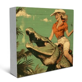 SRADMO Vintage Cowgirl Riding Alligator Wood Box Sign, Western Cowgirl Room Decor, Retro Rustic Western Theme Wooden Block Box Sign Decoration for Home Shelf Table Decor