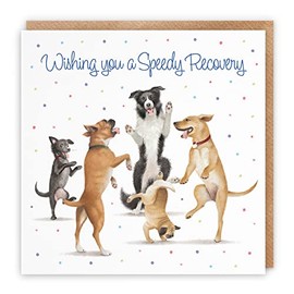 Hunts England Wishing You A Speedy Recovery Luxury Card - Dancing Dogs - Feel Better Soon/Get Well Soon Card For Men, Women, Kids, Adults, Boys, Girls, etc. - Milo's Gallery Collection