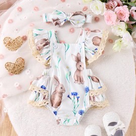 Newborn Baby Girl Easter Outfit Bunny Romper Lace Ruffle Sleeveless Bodysuit Jumpsuit Headband Cute Easter Clothes (White, 0-3 Months)