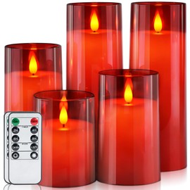 Homemory Red Flickering Flameless Candles, Battery Operated Acrylic LED Pillar Candles with Remote Control and Timer, Set of 5