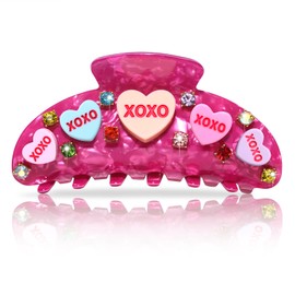 BVGA Valentines Hair Claw Clip for Women Large Oval Hot Pink Embellished Crystal Candy Heart Acetate Claw Hair Clips Valentines Day Hair Accessories Gfits for Her