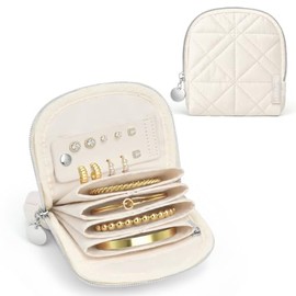 TOPEAST Quilted Travel Jewelry Case for Women, Puffer Jewelry Organizer with Zipper, Portable Small Jewelry Pounch Storage Bag for Rings Earrings Necklaces, Travel Essentials Gift for Women, Beige