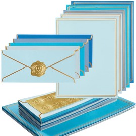Topeen 50 Pack 5 Colors Stationery Set with Gold Border, #10 Business Envelopes and 8.5x11 Paper Sheets and Stickers for Writing Letters (Blue)