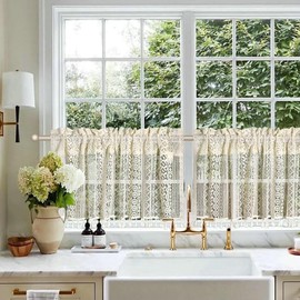 Beydodo Window Curtains & Short Curtains Boho Pack of 2 Short Curtains Window Semi-Transparent with Flowers Geometry Pattern Curtains Beige 100 x 60 cm Kitchen Curtain Bistro Curtain Cafe Teenager's