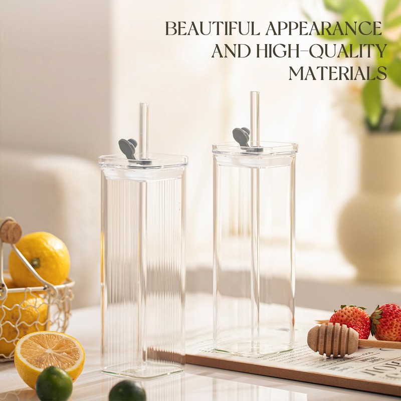 KEMORELA 6 Sets Glass Cups with Lids & Straws, Square
