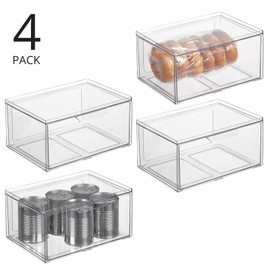 mDesign Plastic Wide Stackable Kitchen Storage Organizer Bin Containers with Front Pull Drawer for Cabinet, Pantry, Fridge, Freezer, Shelf, Refrigerator Organization, Lumiere Collection, 4 Pack, Clear