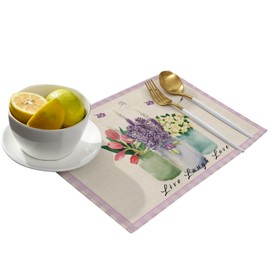 Buffalo Plaid Lavender Vase Indoor Placemats Set of 6, Spring Floral Flower, Non-Slip/Wipe Clean Linen Dining Table Mat Set, Heat-Resistant Table Liner for Holiday/Party/Outdoor, Table Decoration