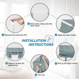 RYB HOME Linen Blended French Door Shades Self Adhesive, Privacy Room Darkening Glass Door Window Curtains for Kitchen Patio Sidelight Curtain Tie Up Shade, W 34 x L 80 in, 1 Pc, Stone Blue