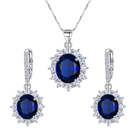 EVER FAITH Wedding 925 Sterling Silver Blue Cubic Zirconia Jewelry Set for Bride Bridesmaid,Elegant Flower Birthstone Pendant Necklace Dangle Earrings Set Gifts for Women