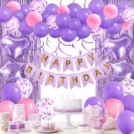 Pink Purple Birthday Decorations, Birthday Party Supplies for Women Girls Princess with Happy Birthday Banner, Confetti Balloons, Fringe Curtain, Heart Star Foil Balloons, Hanging Swirls