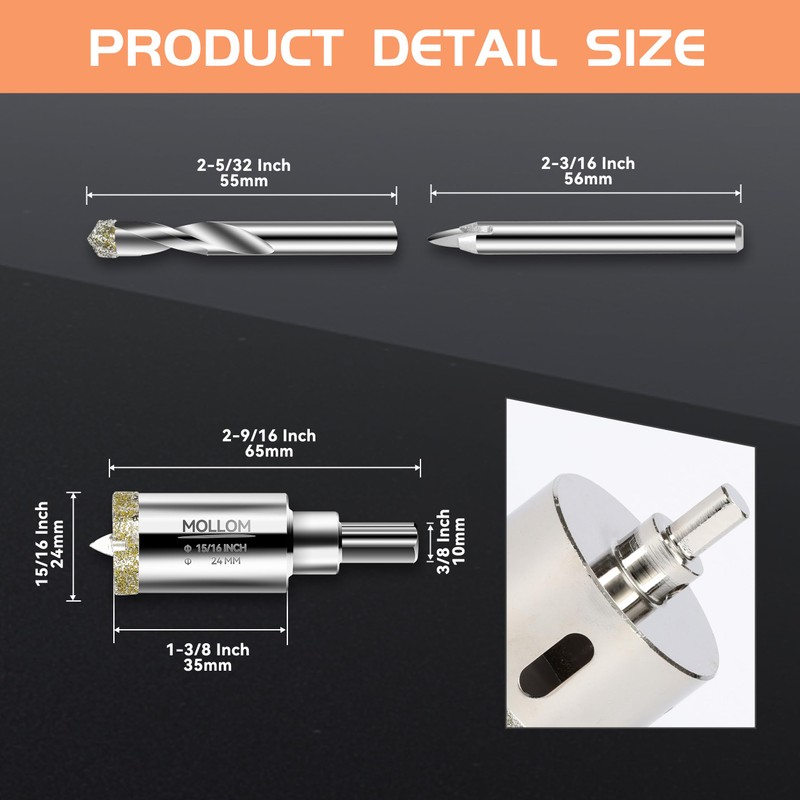 Mollom 15/16" (24mm) Diamond Hole Saw with 2Pcs Removable Pilot