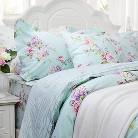 FADFAY Girls Bedding Floral Duvet Cover Set Twin Size Hydrangea Flower 100% Cotton Soft Quilt Cover Set Reversible Zipper Green Blue Bed Cover 3 Piece- No Filling