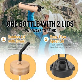 NOLOGLAZIC 32oz Glass Water Bottle with Straw and 2 Lids- Bamboo and Spout Lid,Motivational Sports Water Bottle with Silicone Sleeve and Time Marker,Reusable for Gym, Outdoors, Black