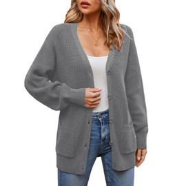 QUALFORT Women's 100% Cotton Cardigan Lantern Sleeve Cardigan Oversized Sweater with Pockets Grey Medium