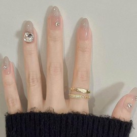 Hkanlre Grey Fake Nails Tips Gradient Rhinestones Press on Nails Full Cover Medium False Almond Nails for Women 24PCS