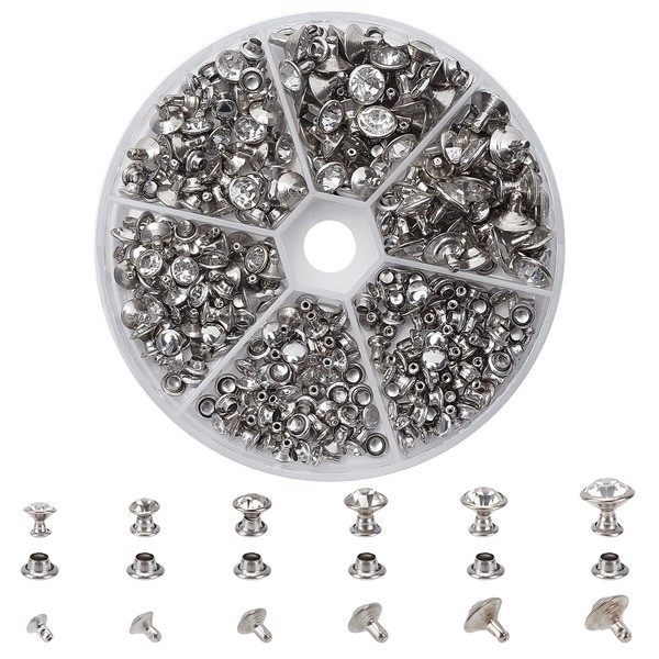 nbeads 180 Sets Rhinestone Rivets, 6 Sizes Silver CZ Clear Crystal Rivets Brass Silver Rivets for Leather Craft DIY Decoration Repair