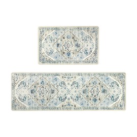 Ileading Kitchen Anti Fatigue Mat Set of 2 Non Skid Waterproof Kitchen Floor Mat Vintage Cushioned Comfort Standing Mat Boho Kitchen Rug Runner for Kitchen Sink Laundry, 20"x59"+20"x32", Blue