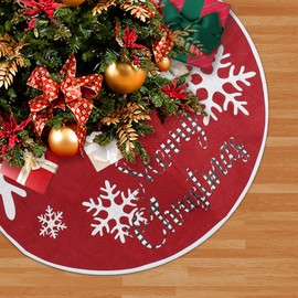 MACTING Christmas Red Tree Skirt 30Inch Small Burlap Tree Mat with White Snowflakes Buffalo Plaid Merry Christmas Printed for Farmhouse Holiday Party Home Indoor Xmas Tree Decorations