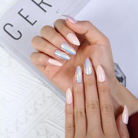 Chrome Metal Almond Press on Nails, Glossy Silver Mirror Fake Nails with Diamond Designs, Sparkly Full Cover Acrylic Nails Medium False Nails with Glue Stick on Artificial Fingernails for Women Girls