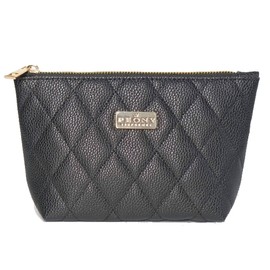 PEONY SUPREME Luxury Classy Stylish Quilted PU Leather Makeup Bag for Purse Travel Cosmetic Pouch Portable Toiletry Clutch Women Girls Gifts Water-Resistant Daily Cosmetics Organizer Storage Black