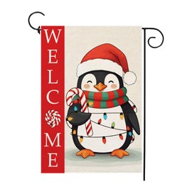 Welcome Christmas Garden Flag Xmas Penguin Burlap 12 x 18 Inch Vertical Double Sided Winter Vacation Decorations Candy Cane Yard Outdoor Decor