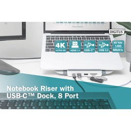 DIGITUS USB-C Multiport Docking Station with Notebook Riser - 8 Ports - 1x HDMI, 1x VGA (4K@30Hz) - 2x USB 3.0 / USB 2.0, 1x USB Type-C - RJ45 LAN, Card Reader - Silver