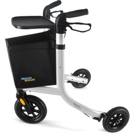 HEALTHBAZAAR 3 Wheels Rollator Walker for Seniors, Foldable Lightweight Walker with Detachable Tray and Storage Bag, Invisible Brake Line, 6 Levels Height Adjustable, 10'' Front Wheels