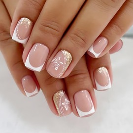 24Pcs Short Press on Nails Square Fake Nails Cute Butterfly Glue on Nails Glitter Gold Design Artificial False Nails Nude Pink Acrylic Nails Reusable Stick on Nails for Women Spring Summer Manicure