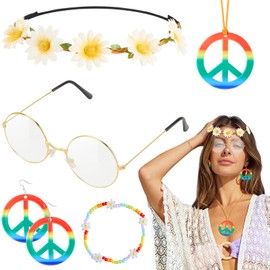 6PCS Hippie Costume Accessories Set, 60s70s Retro Hippie Glasses Peace Sign Earrings and Necklace Sunflower Hair Band(Rainbow Gradient)