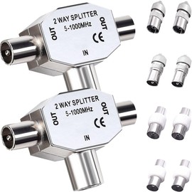 Youmile 2 Pieces TV Splitter 2 Way TV Aerial Splitter Coaxial Male Digital Signal Antenna Splitter with TV Male/Female Male Female to Female/Male to Male TV Coupler Plug