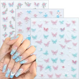 3Sheets Butterfly Nail Art Stickers Purple Pink Butterflies Nail Stickers Colorful Flower Nails Decals Butterfly Sticker 5D Embossed Wildflower Nails Design Decoration Supplies for Women DIY Manicure