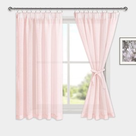 DWCN Voile Curtains with Ruffle Tape, Linen Look, 2 Pieces, Semi-Transparent Curtains for Living Room, Transparent Curtains, Short, Blush Pink, 145 x 140 cm (Height x Width)